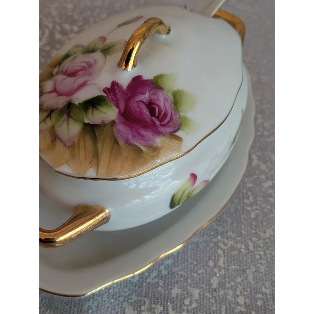 Lefton China Vtg Pink Gold Trim Floral Sugar Bowl Lid & Spoon Hand Painted 4668